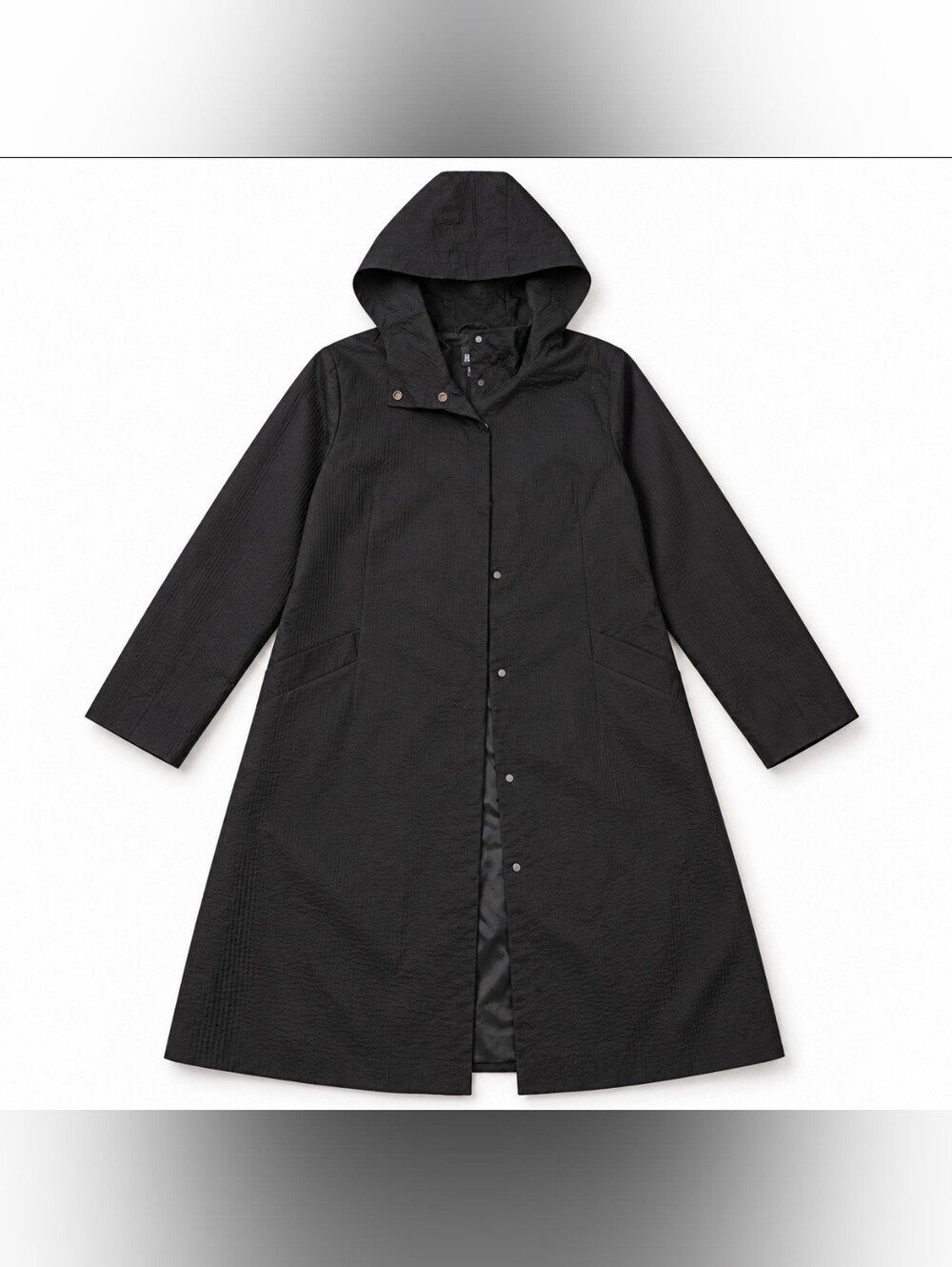 Eileen Fisher Black Textured Hooded Long Raincoat Jacket Size Large